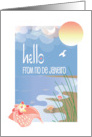 Hello from Rio de Janeiro with Conch Seashell on Sandy Beach with Sun card