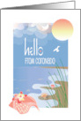 Hello from Coronado with Conch Seashell by Ocean Waves and Sun card