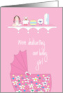 Invitation for Baby Girl Dedication Pink Floral Bassinette and Toys card