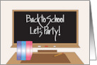 Hand Lettered Invitation to Back to School Party Blackboard and Desk card