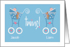 Announcement of New Baby Twin Boys in Strollers with Custom Names card