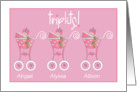 Announcement of Baby Girl Triplets Three Pink Strollers Custom Names card