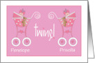 Announcement of Twin Baby Daughters Pink Strollers and Custom Names card