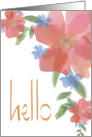 Hand Lettered Hello with Watercolor Pink and Blue Floral Bouquets card