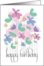 Hand Lettered Happy Birthday with Floral Bouquet of Pink and Blue card