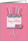 Hand Lettered Joyful Floral Birthday Cake with Pink & Blue Flowers card