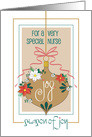 Christmas for Special Nurse, Golden Ornament with Joy & Poinsettias card