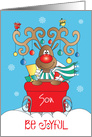 Christmas for Son, Be Joyful Reindeer in Red Sleigh with Ornaments card