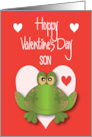 Hand Lettered Hoppy Valentine’s Day for Son Green Frog and Hearts card