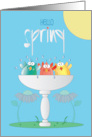Hand lettered Hello Spring Trio of Birds in Bird Bath with Flowers card