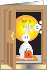 Hand Lettered Treat or Trick with Ghostly Visitors at Open Door card