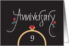 9th Wedding Anniversary With Ring, Heart and Red Roses card