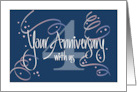 Hand Lettered Employee 4th Year Work Anniversary 4 and Streamers card