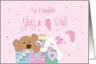 New Baby Girl Congratulations for Daughter, She’s a Doll Toy Box card