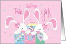 New Baby Twin Girl Congratulations, Two Bunnies in Toy Box card