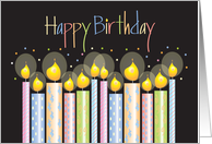 Hand Lettered Happy Birthday with Colorfully Decorated Candles card