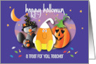 Happy Halloween to Teacher Candy Corn, Black Cat and Jack O’ Lantern card