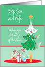 Christmas for Step Son and Wife, Christmas Tree and Gifts card