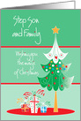 Christmas for Step Son and Family, Tree and Gifts card