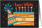 Hand Lettered Birthday for Son Colorful Birthday Cake and Party Hat card