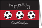 Birthday for Great Grandson, Trio of Soccer Balls on Black and Red card