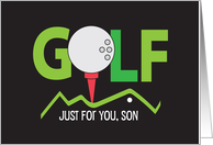 Birthday for Golfing Son with White Ball on Red Tee with Green Fairway card