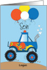 Birthday for Son with Colorful Custom Name Monster Truck and Balloons card