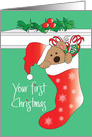 First Christmas for Child, Bear in Santa Hat in Stocking card