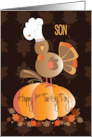 Hand Lettered First Thanksgiving for Son with Turkey in Chef’s Hat card