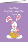 Hand Lettered Easter for Great Nieces White Bunny with Basket of Eggs card
