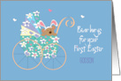 First Easter for Godson Bear in Floral Stroller with Bear Hugs card