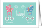 New Baby Twin Boy and Girl Congratulations Strollers and Custom Names card