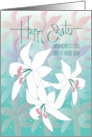 Hand Lettered Easter for Great Aunt Three White Easter Lilies on Teal card