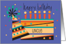 Hand Lettered Birthday for Uncle Colorful Birthday Cake and Party Hat card