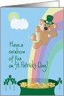 St. Patrick’s Day, Bear Sliding On Rainbow Into Pot of Gold card