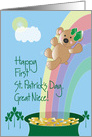 First St. Patrick’s Day for Great Niece, Bear Sliding on Rainbow card