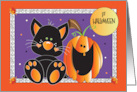 First Halloween for Child with Black Kitty and Smiling Jack O Lantern card