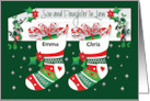 Christmas Son and Wife Decorated Holiday Stockings with Custom Names card