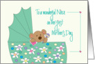 First Mother’s Day for Niece, Bear in Floral Bassinette card