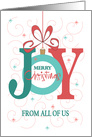 Hand Lettered Christmas from All of Us, Joy Ornament with Red Bow card