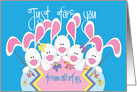 Easter From All of Us, White Bunnies Painting Decorated Egg card