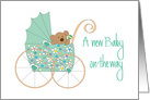 New Baby on the Way, Bear in Mint Green Floral Stroller card