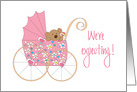 We’re expecting Announcement for Girl, Bear in Pink Floral Stroller card