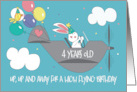 Birthday for 4 Year Old Up Up and Away Bunny Flying Plane in Party Hat card