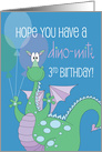 Dino-mite Birthday for 3 Year Old, Dinosaur Holding Three Balloons card