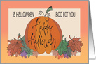 Hand Lettered Halloween with Pumpkin & Colorful Autumn Leaves card