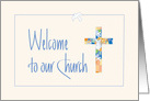 Hand Lettered Welcome to our Church, Stained Glass Cross & Dove card