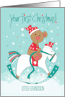 Hand Lettered First Christmas for Grandson Bear on Rocking Horse card