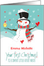 First Christmas Great Niece with Snowman and Bird with Custom Name card