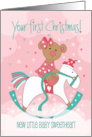 First Christmas for New Baby with Bear on Rocking Horse with Twinkles card